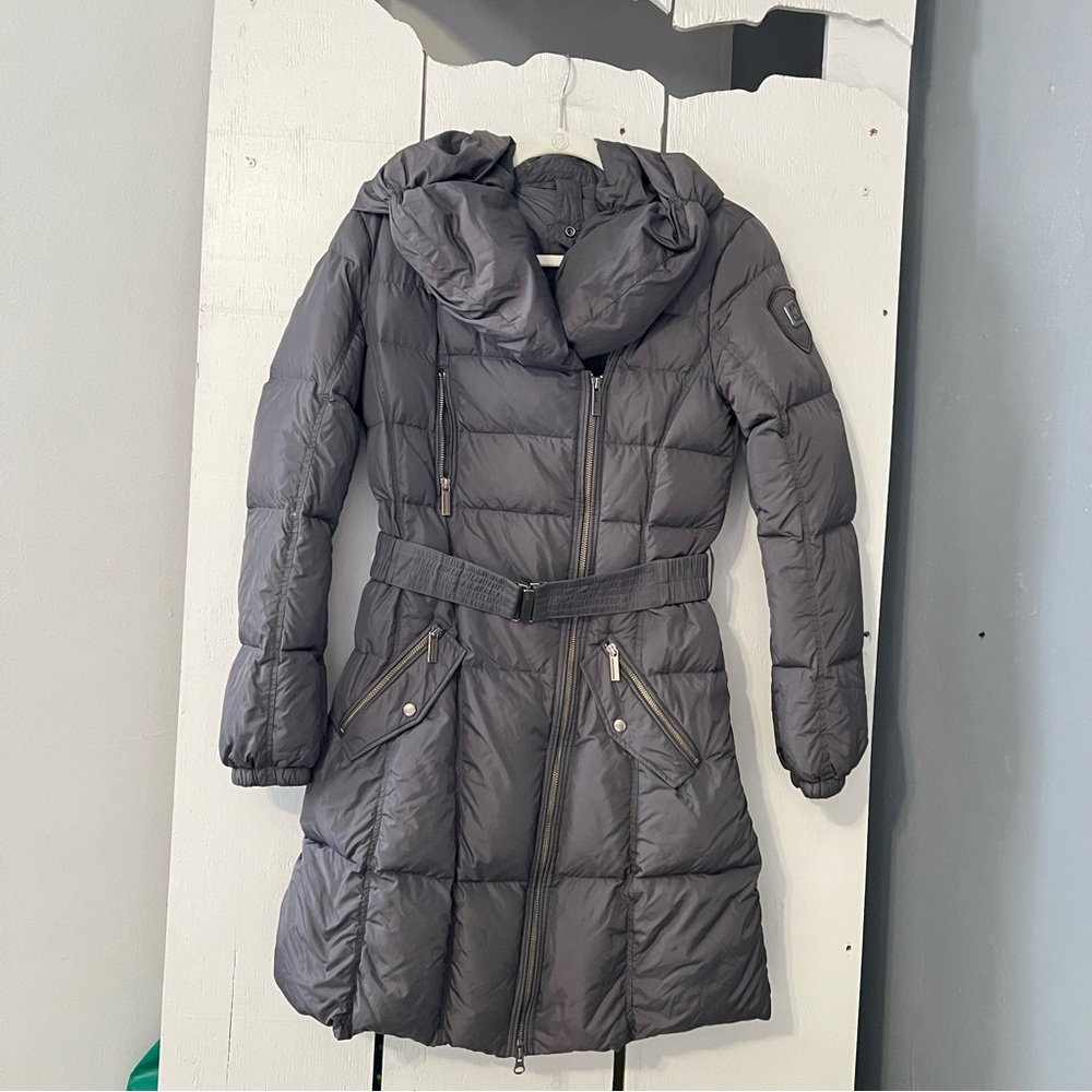 Add Down's Hooded Asymmetric Zip Puffer Coat with Belt Size 6
